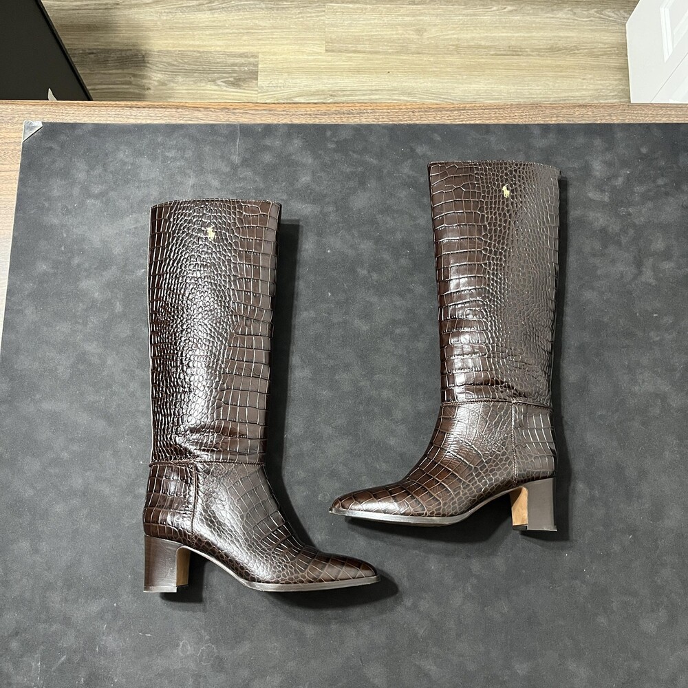 Ralph Lauren Italy Polo Boots Womens Size 8 RRL Croc Leather Riding Purple Label